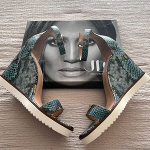 Jennifer Lopez Blue and White Wedge Shoes